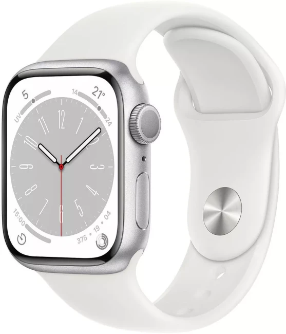 Умные часы Apple Watch Series 8 41 мм (алюминиевый корпус, серебристый/белый, спортивный силиконовый ремешок M/L) - фото